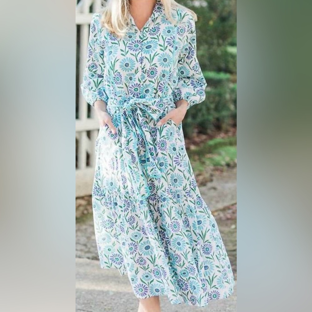 Victoria Dunn Maxi Shirt Dress Blue Floral Sz XS